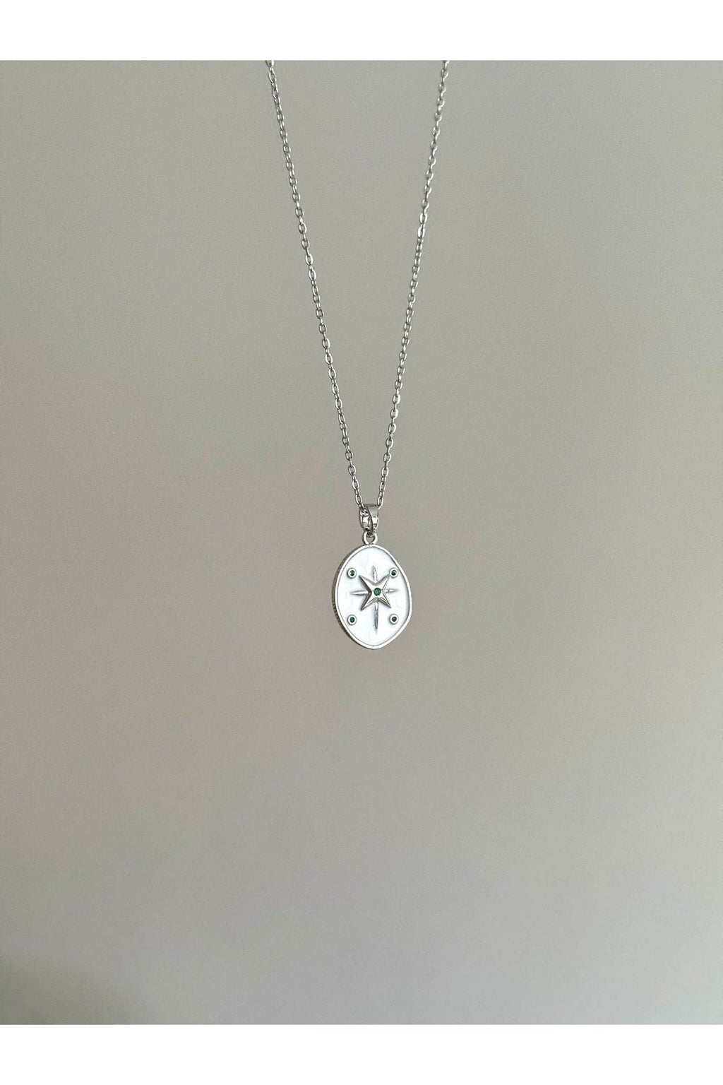 Steel Silver Tone Green Stone Star Necklace