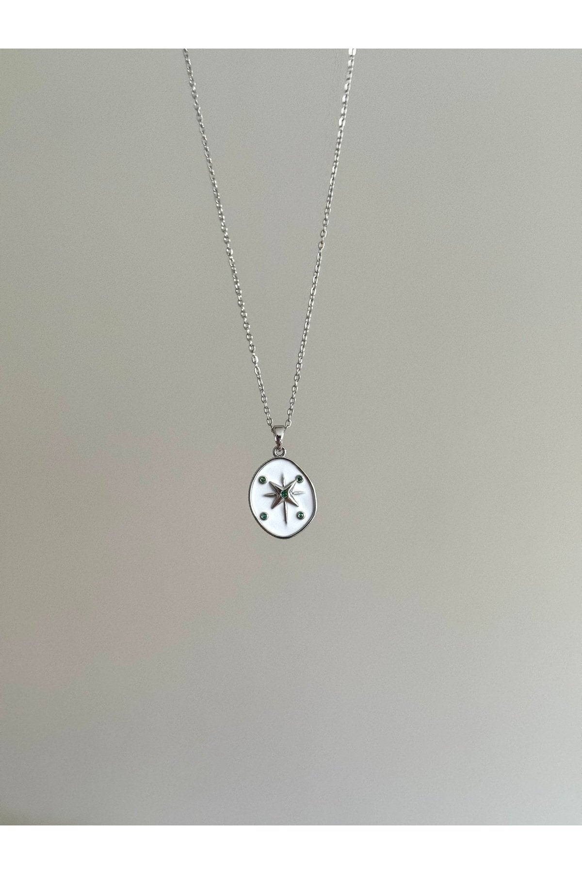 Steel Silver Tone Green Stone Star Necklace