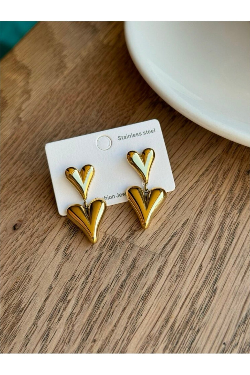 Steel Gold Tone Dangle Double Heart Earrings
