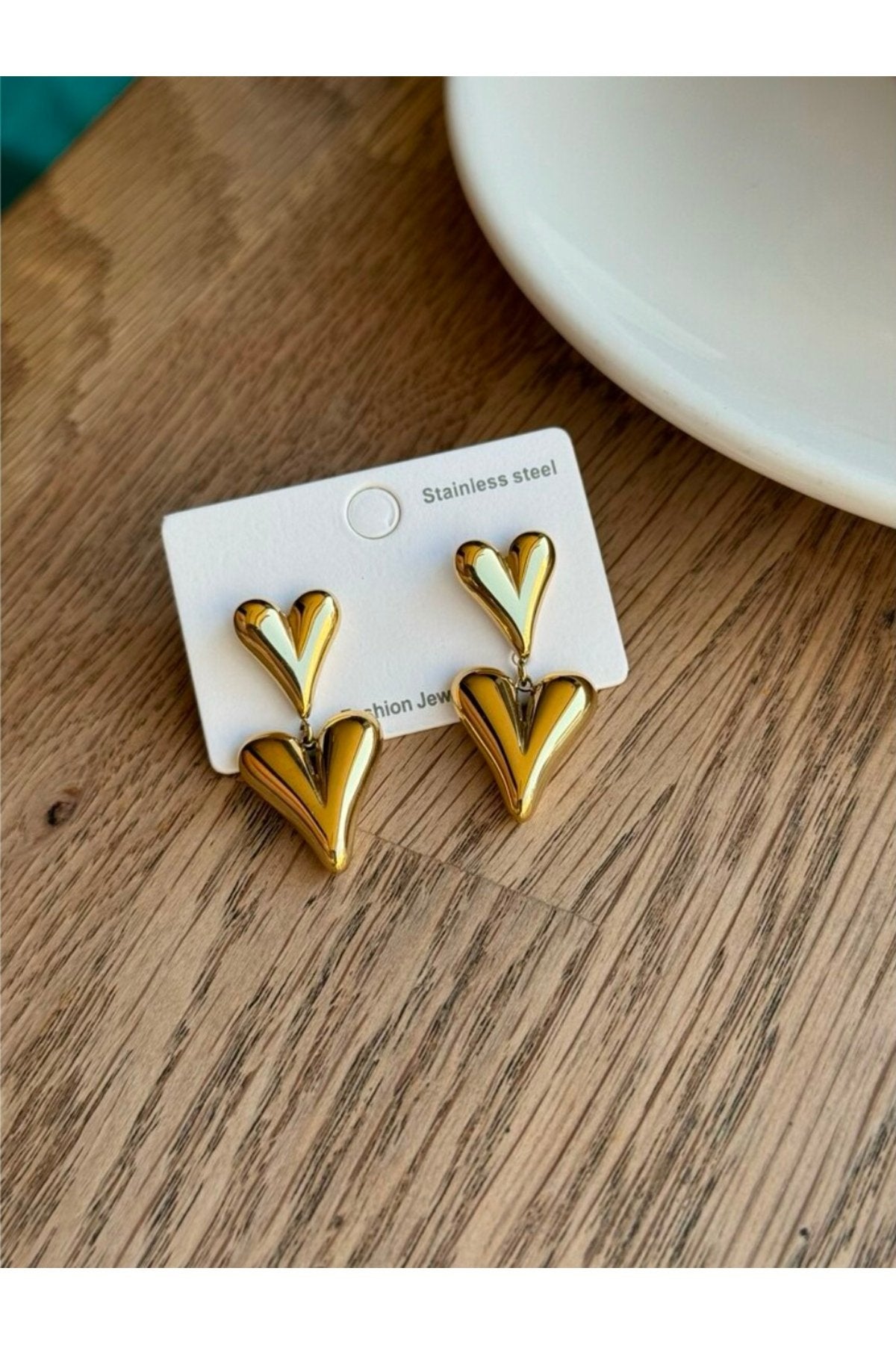 Steel Gold Tone Dangle Double Heart Earrings