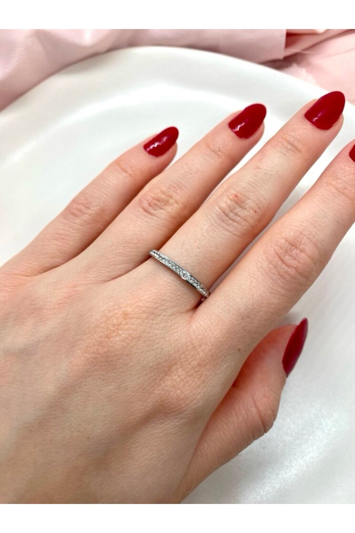 Steel Silver Tone Stone-Embellished Thin Minimalist Ring