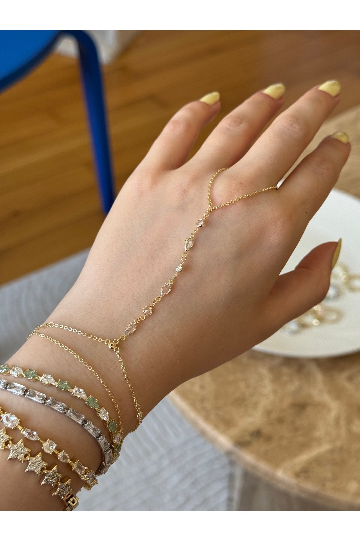 Gold-Colored Jeweled Hand Chain