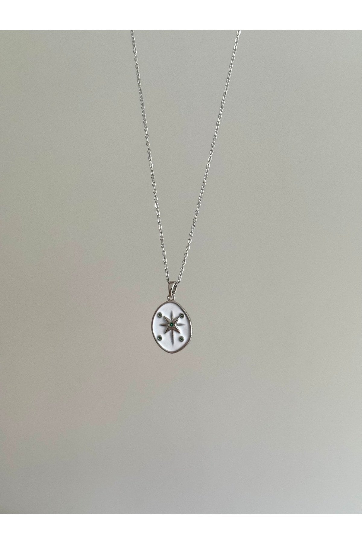 Steel Silver Tone Green Stone Star Necklace