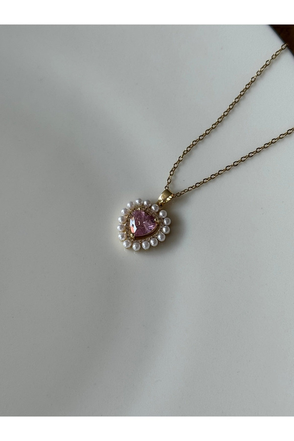 Steel Gold Color Pink Heart Necklace