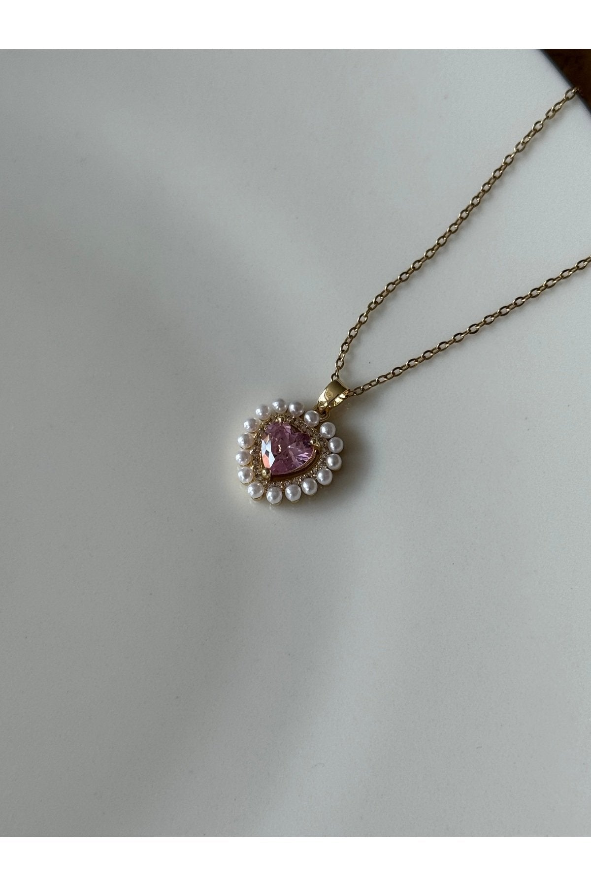 Steel Gold Color Pink Heart Necklace