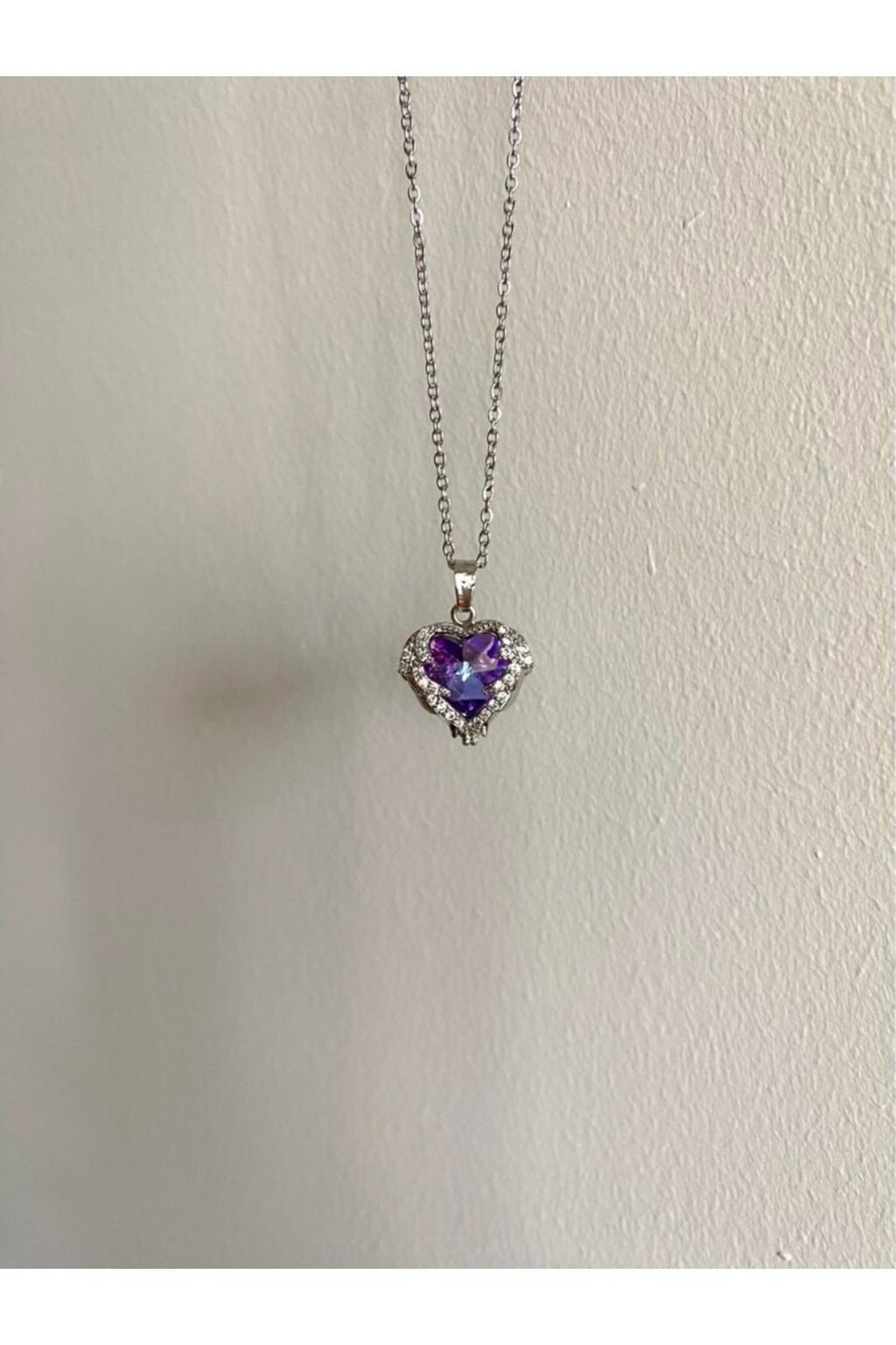 Steel Silver Colored Purple Stone Heart Necklace
