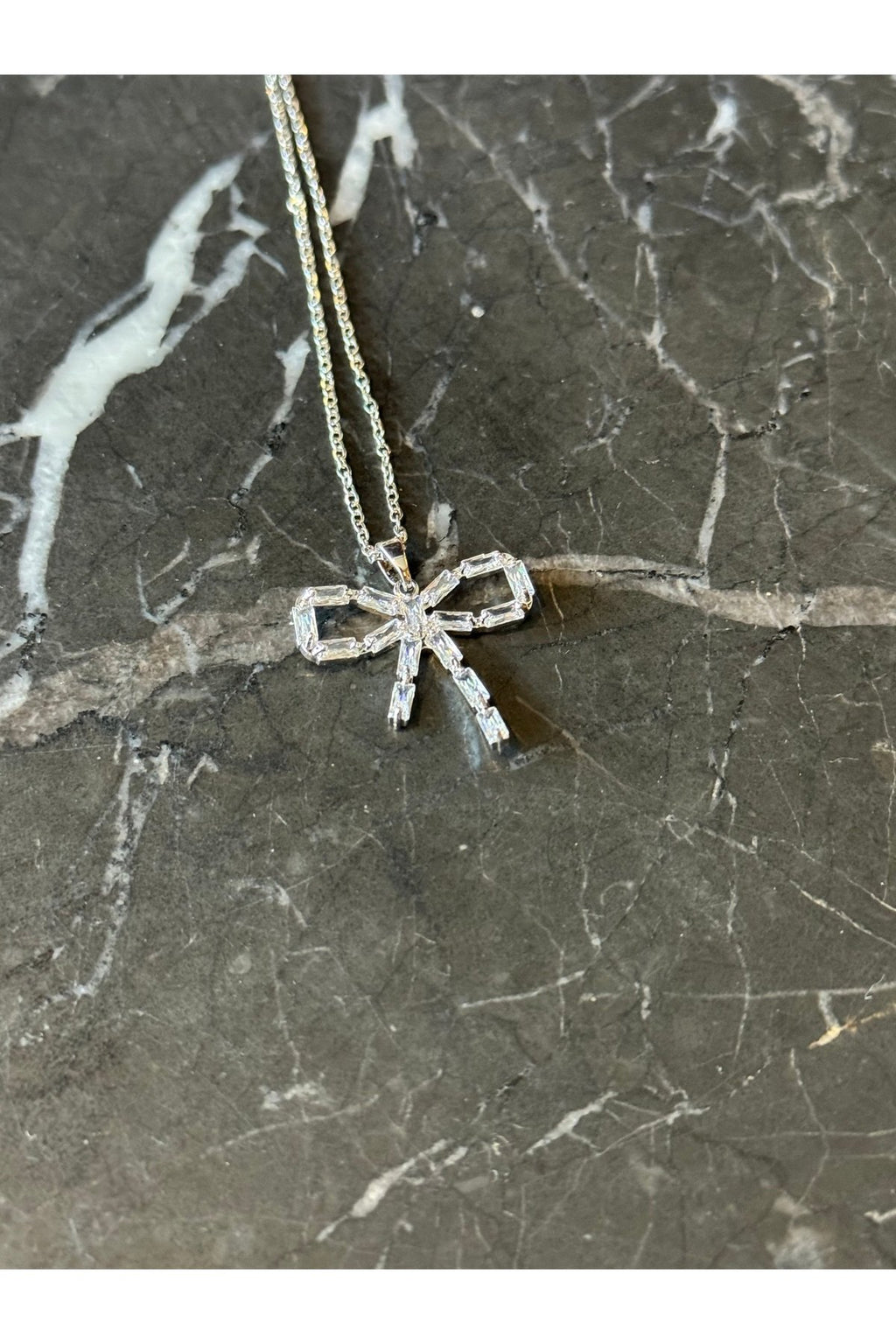 Steel Silver Tone Rhinestone Ribbon Necklace