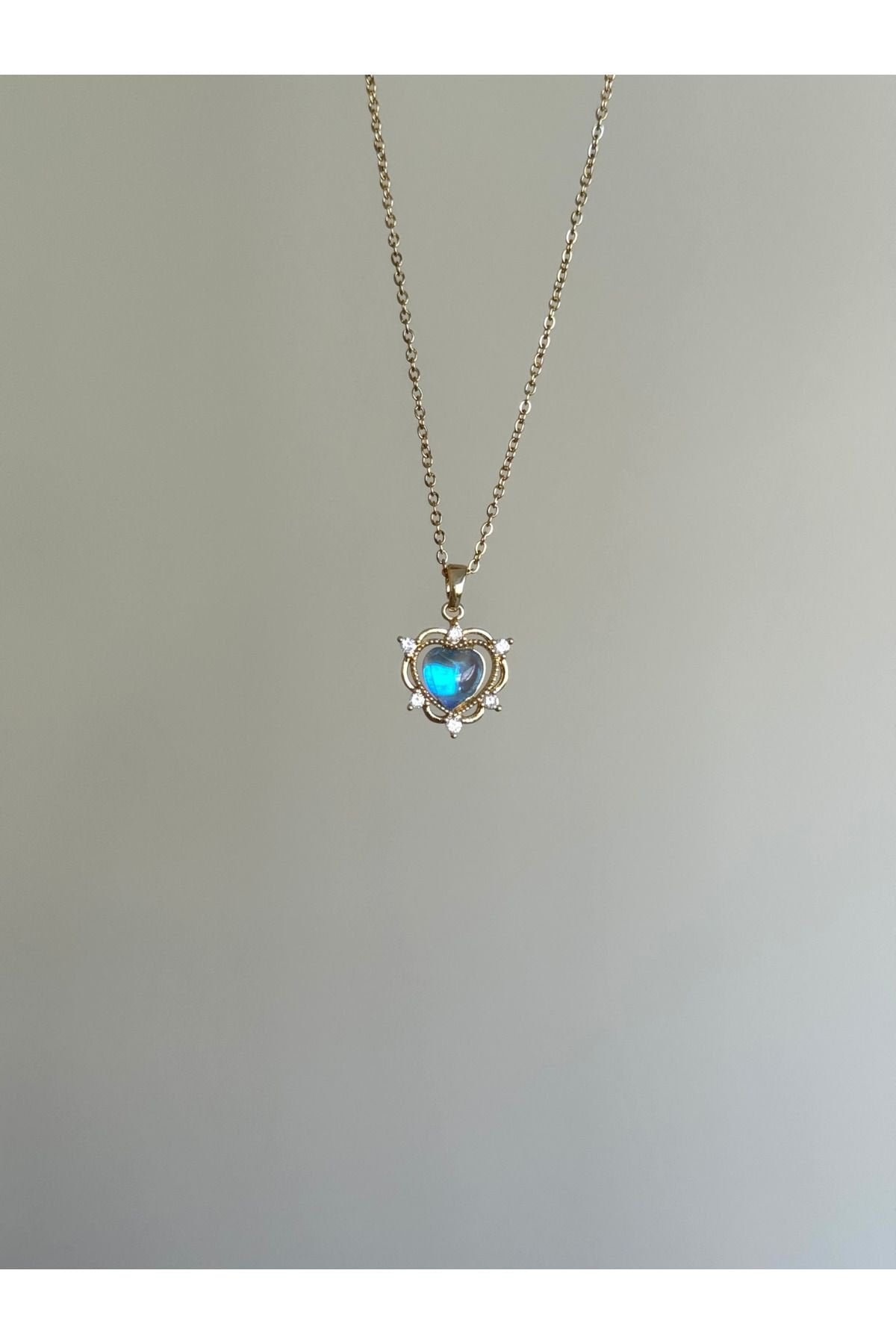 Steel Holographic Blue Stone Heart Necklace