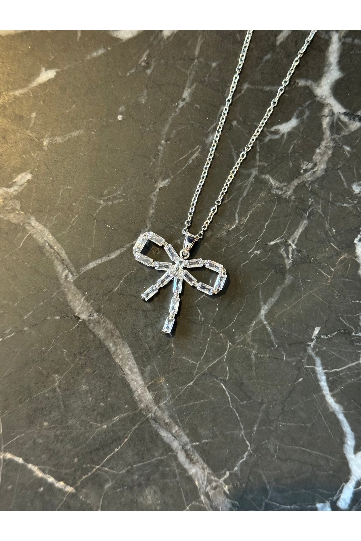 Steel Silver Tone Rhinestone Ribbon Necklace