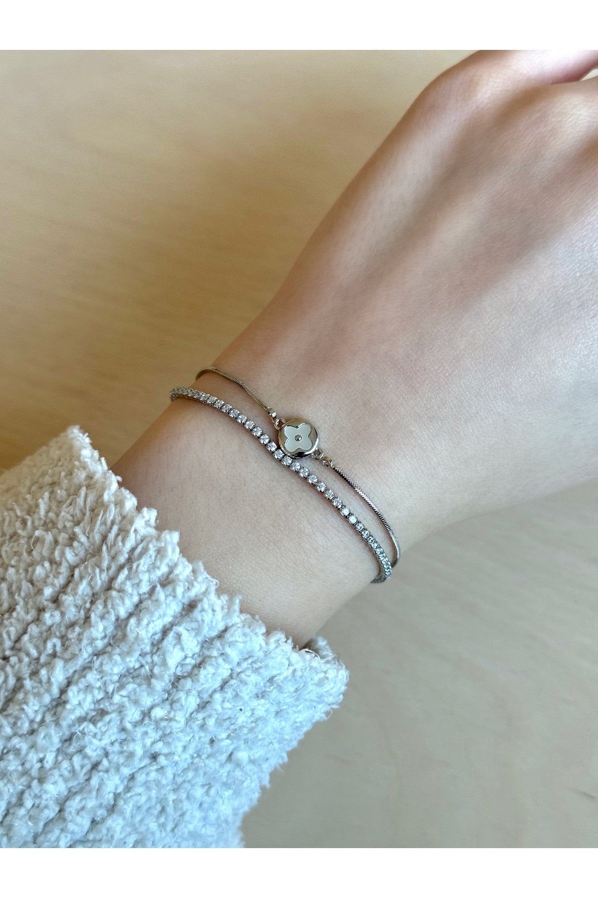 Silver Plated Zircon Stone Double Row Bracelet