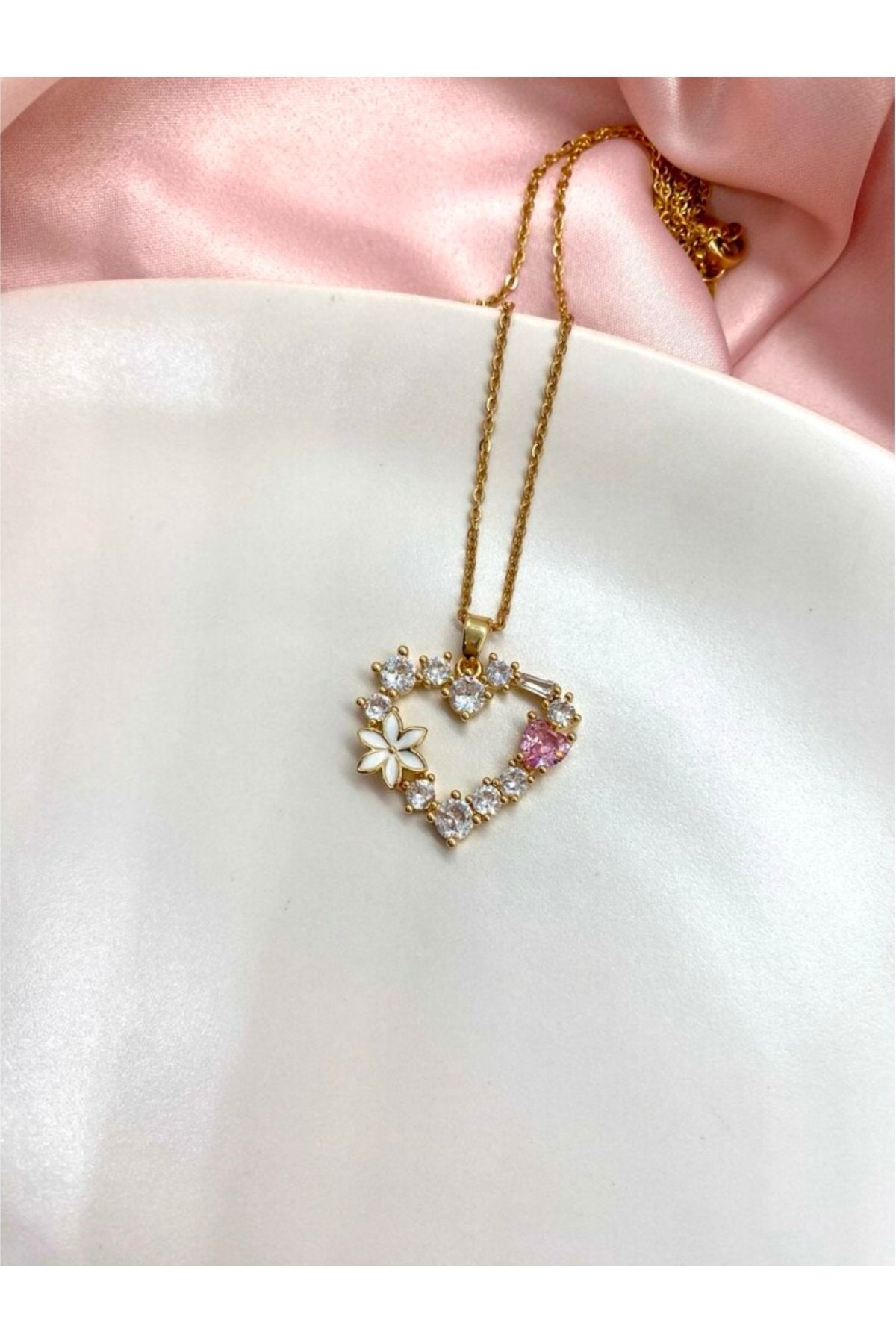 Steel Heart Necklace with Stone-Embellished Flower Motif