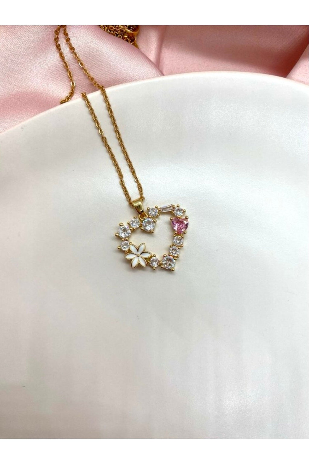 Steel Heart Necklace with Stone-Embellished Flower Motif