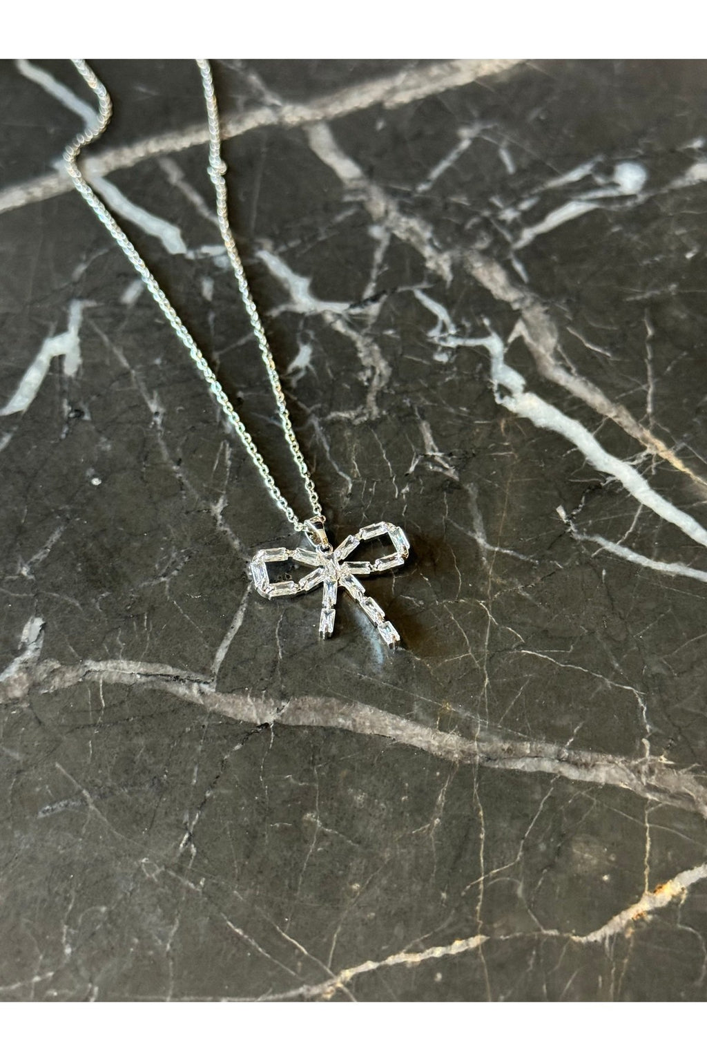 Steel Silver Tone Rhinestone Ribbon Necklace