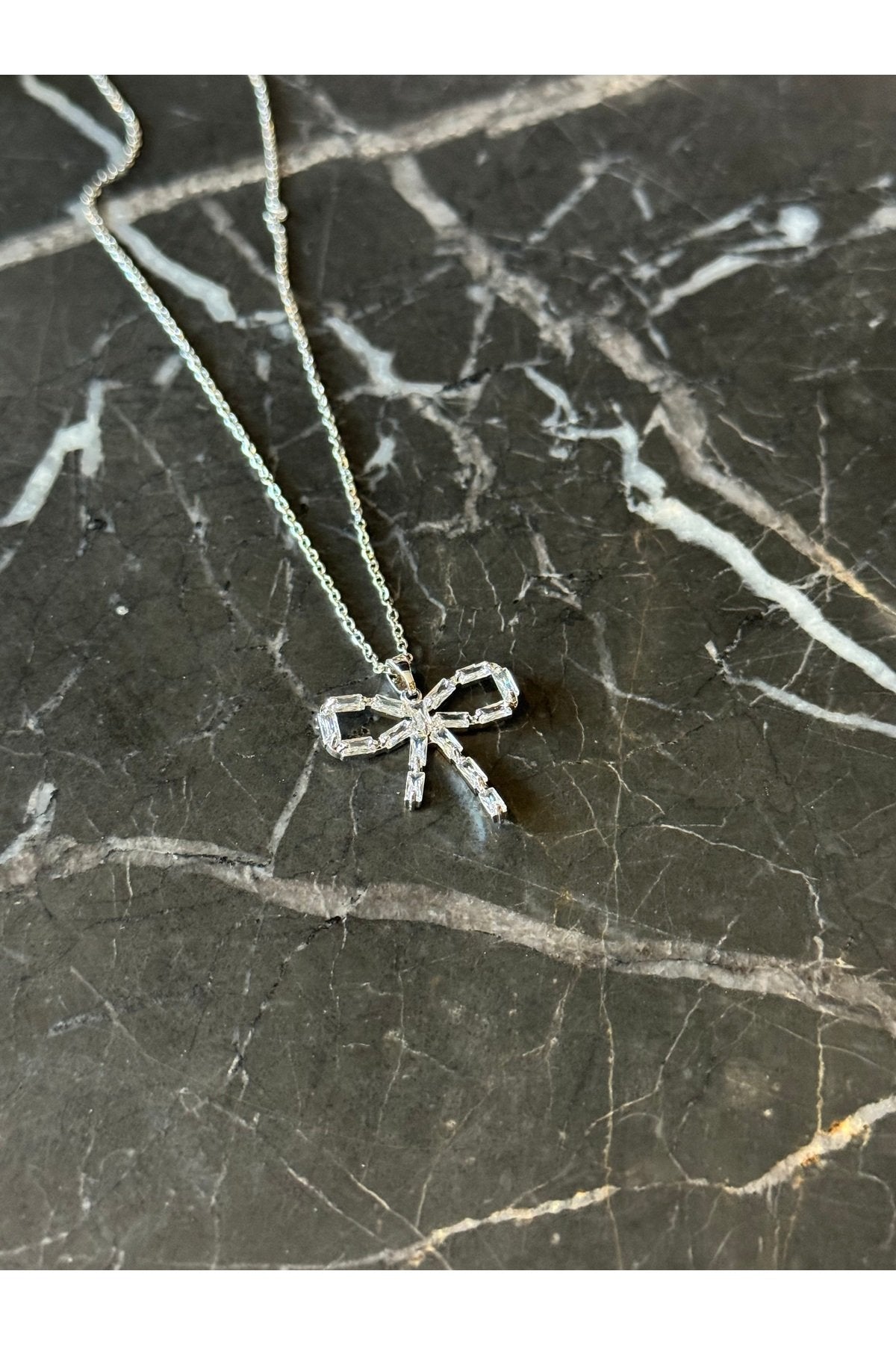 Steel Silver Tone Rhinestone Ribbon Necklace
