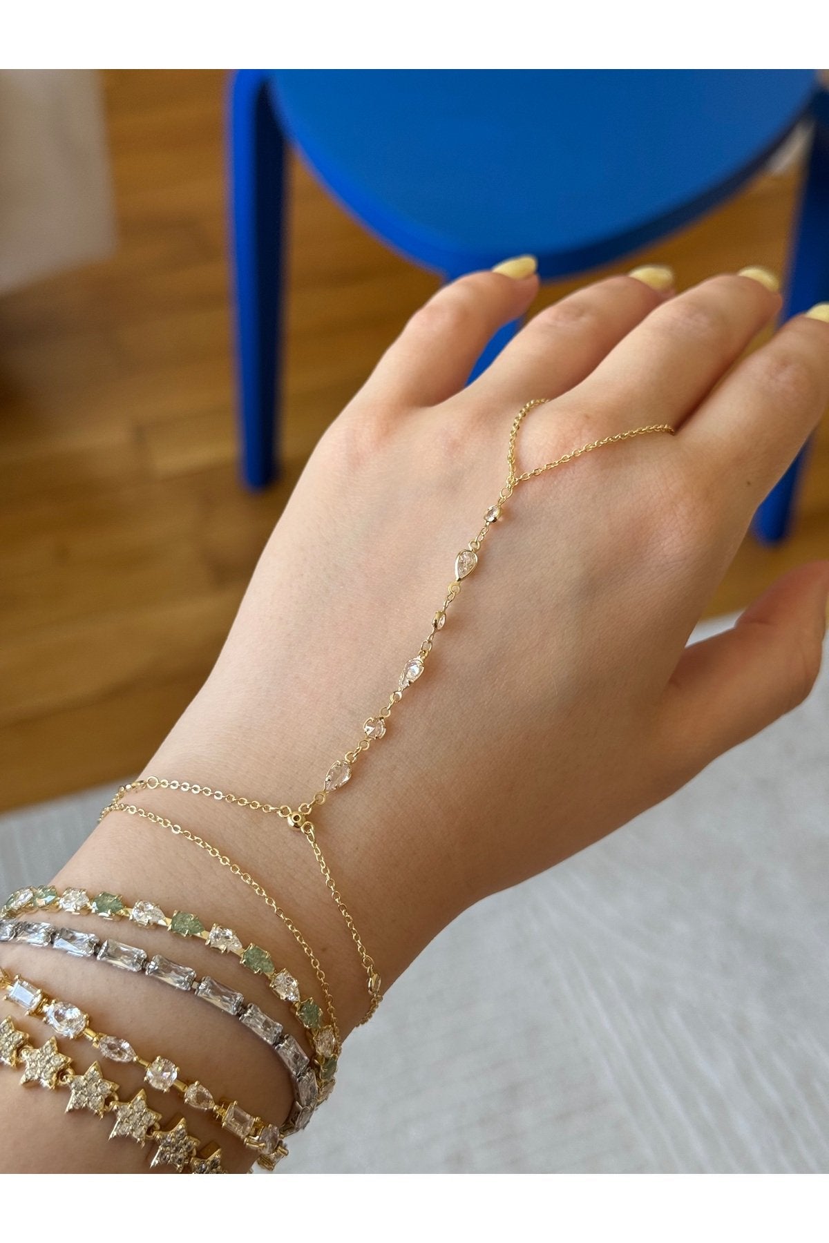 Gold-Colored Jeweled Hand Chain