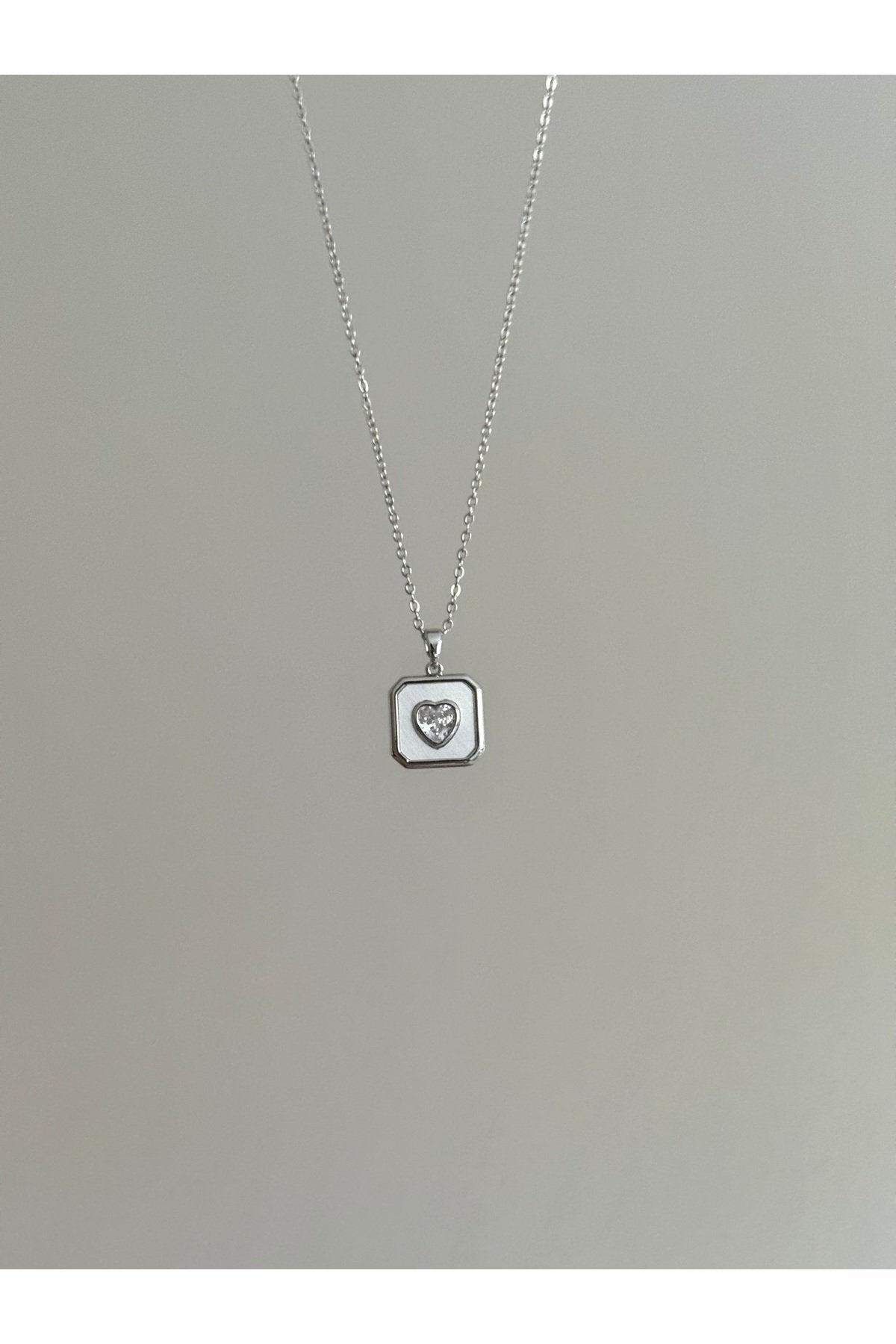 Steel Silver Color Stone-Set Square Medallion Heart Necklace