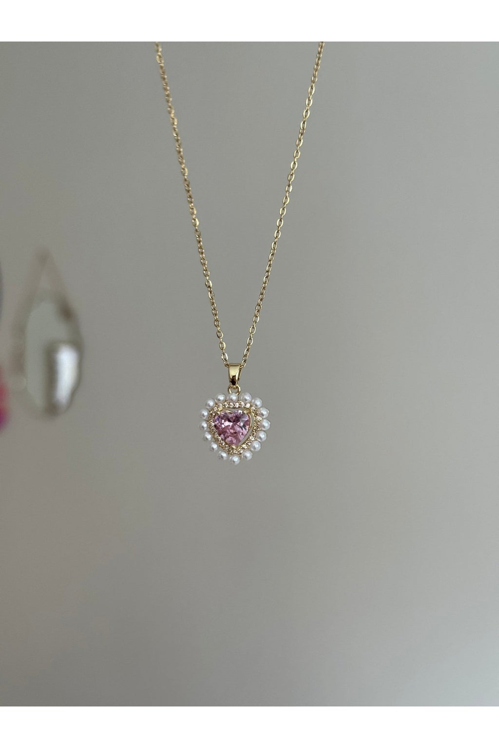 Steel Gold Color Pink Heart Necklace