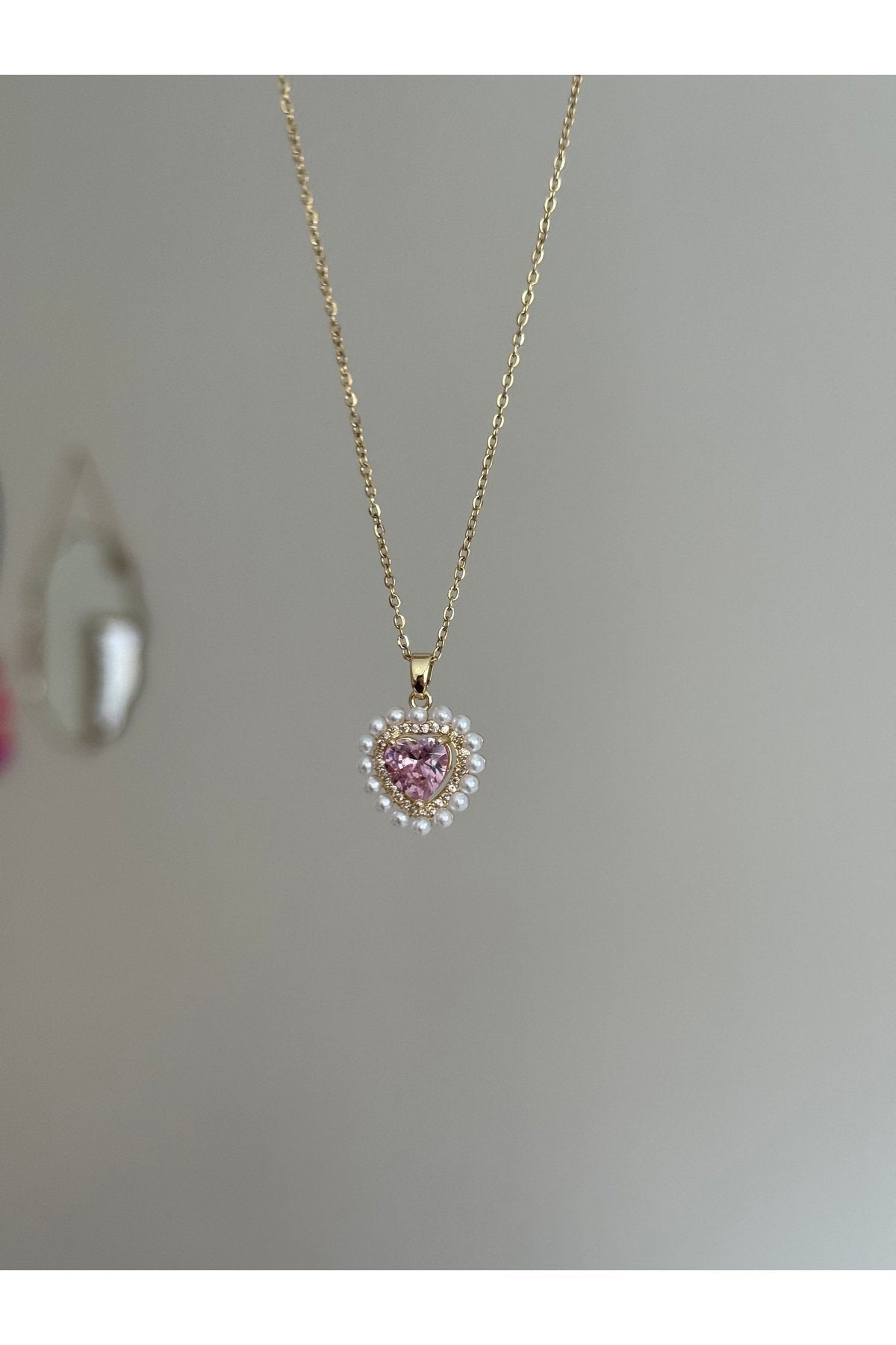 Steel Gold Color Pink Heart Necklace