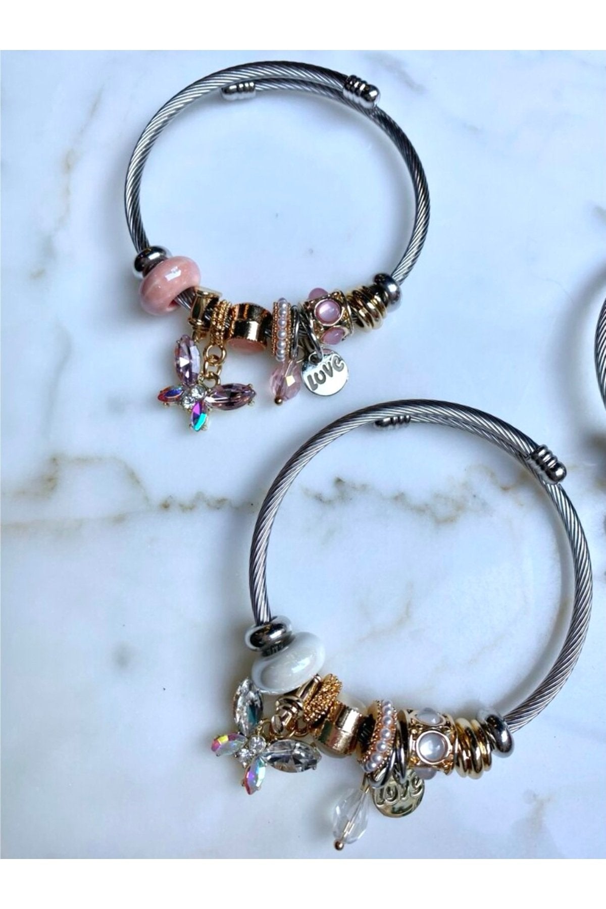 Gümüş Kaplama Pembe Kelebek Charm Bileklik