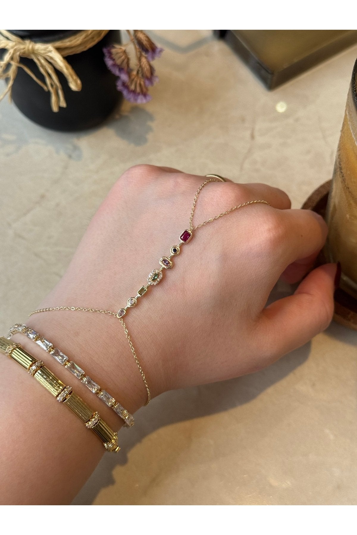 Gold Plated Colorful Zircon Stone Hand Chain