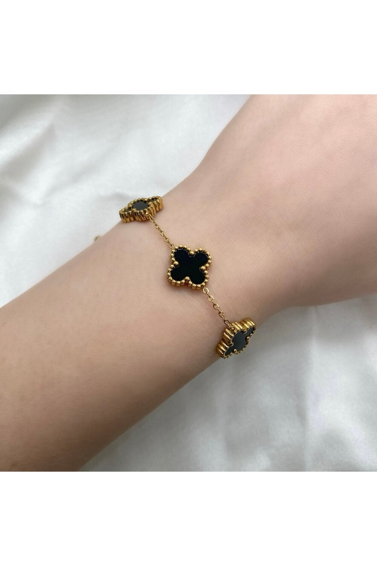 Steel Gold Tone Black Stone Clover Bracelet