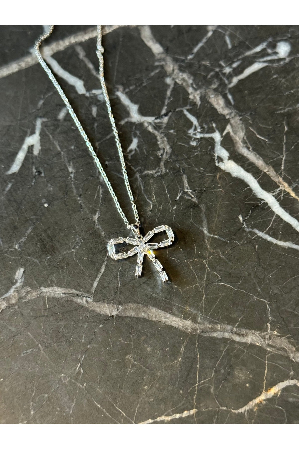 Steel Silver Tone Rhinestone Ribbon Necklace