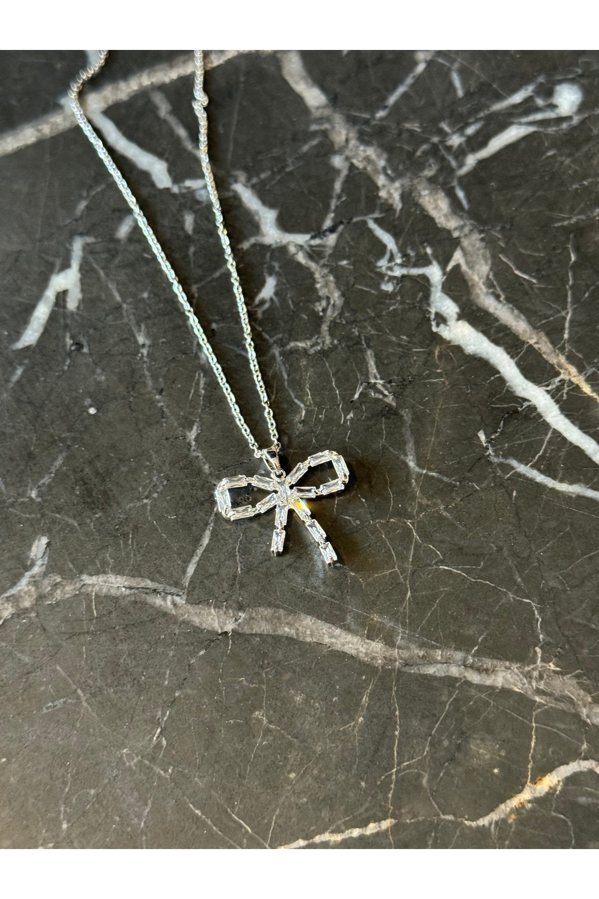 Steel Silver Tone Rhinestone Ribbon Necklace
