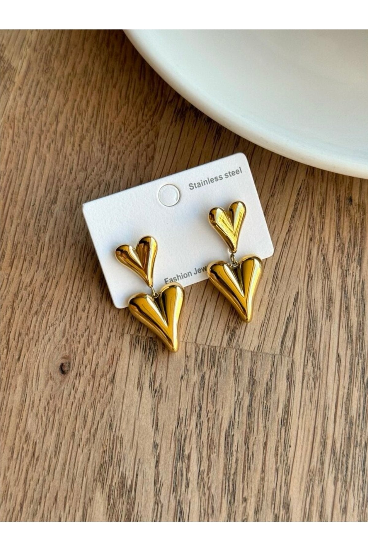 Steel Gold Tone Dangle Double Heart Earrings