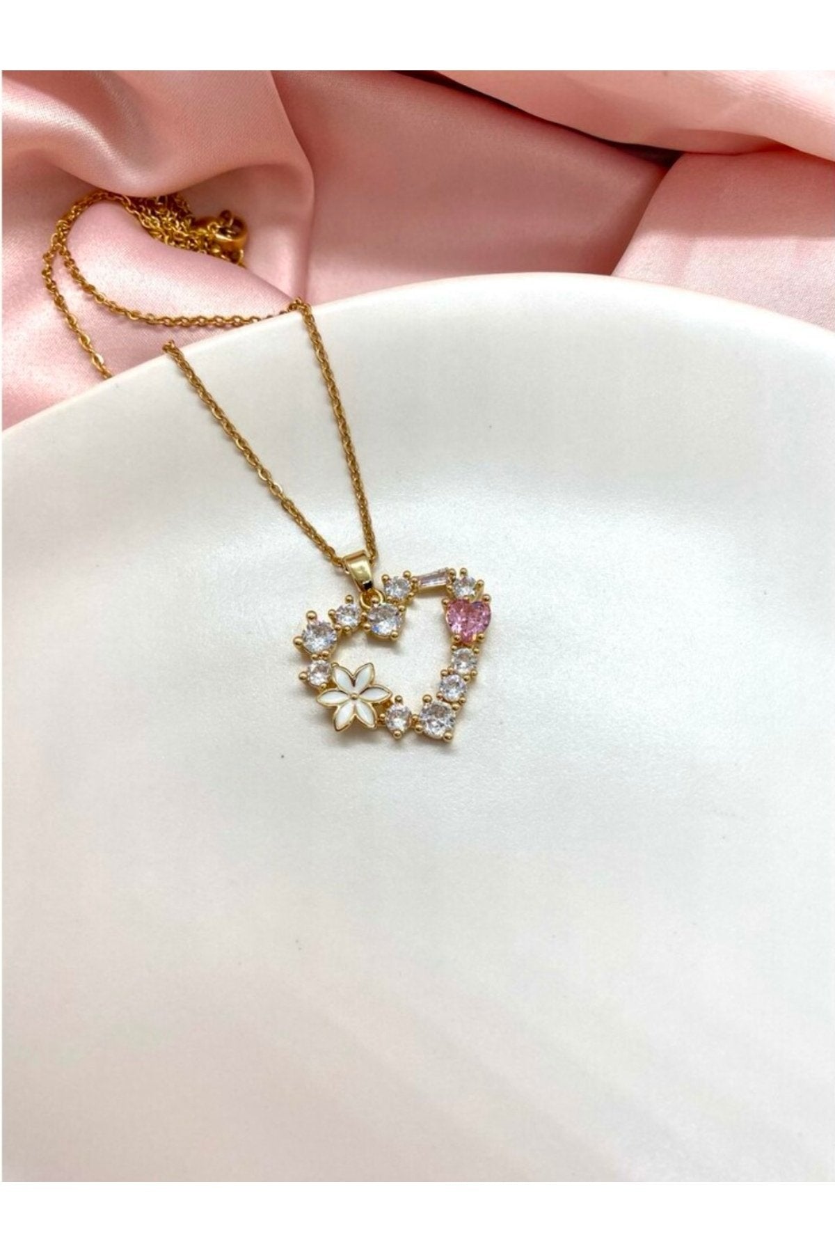 Steel Heart Necklace with Stone-Embellished Flower Motif