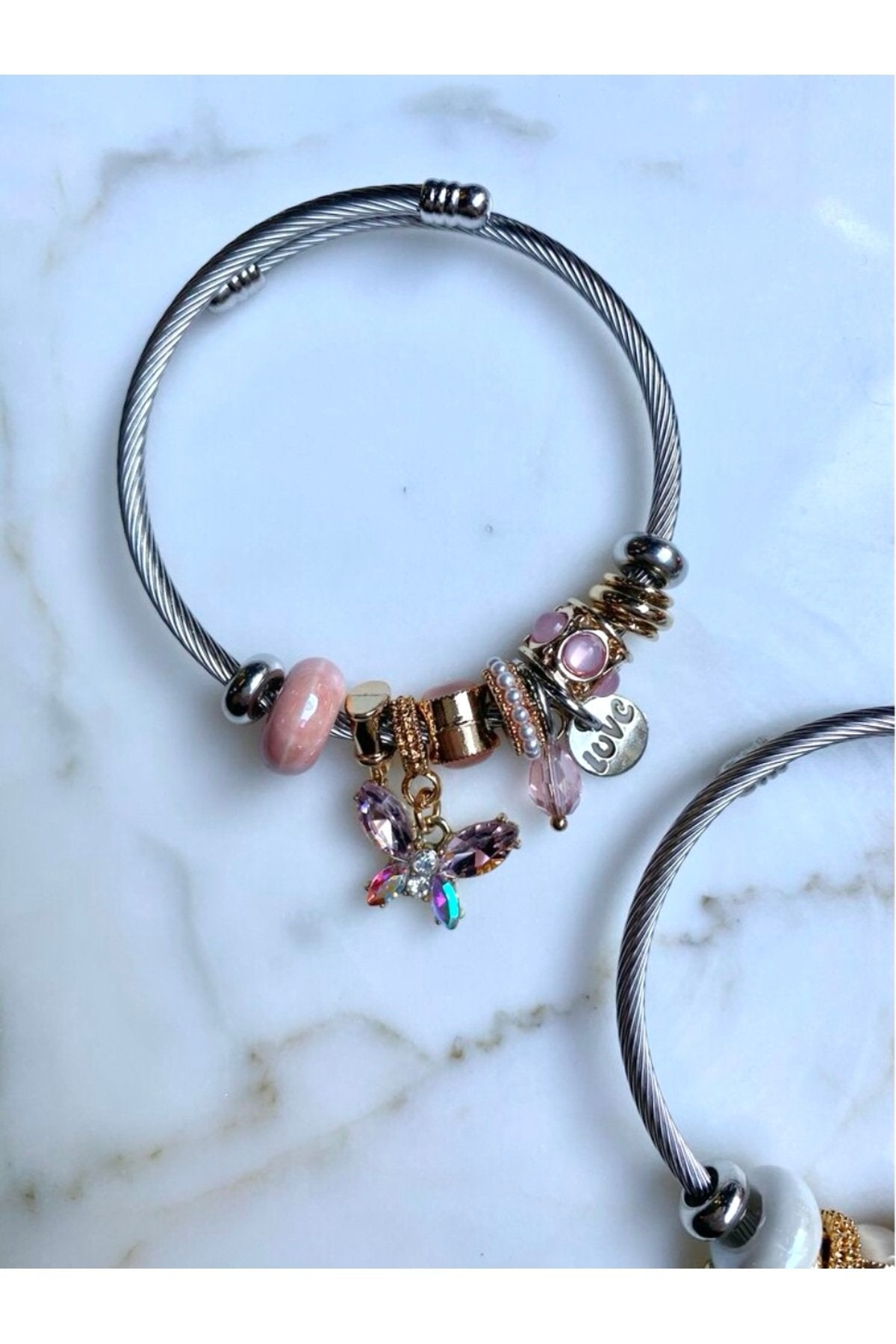 Gümüş Kaplama Pembe Kelebek Charm Bileklik