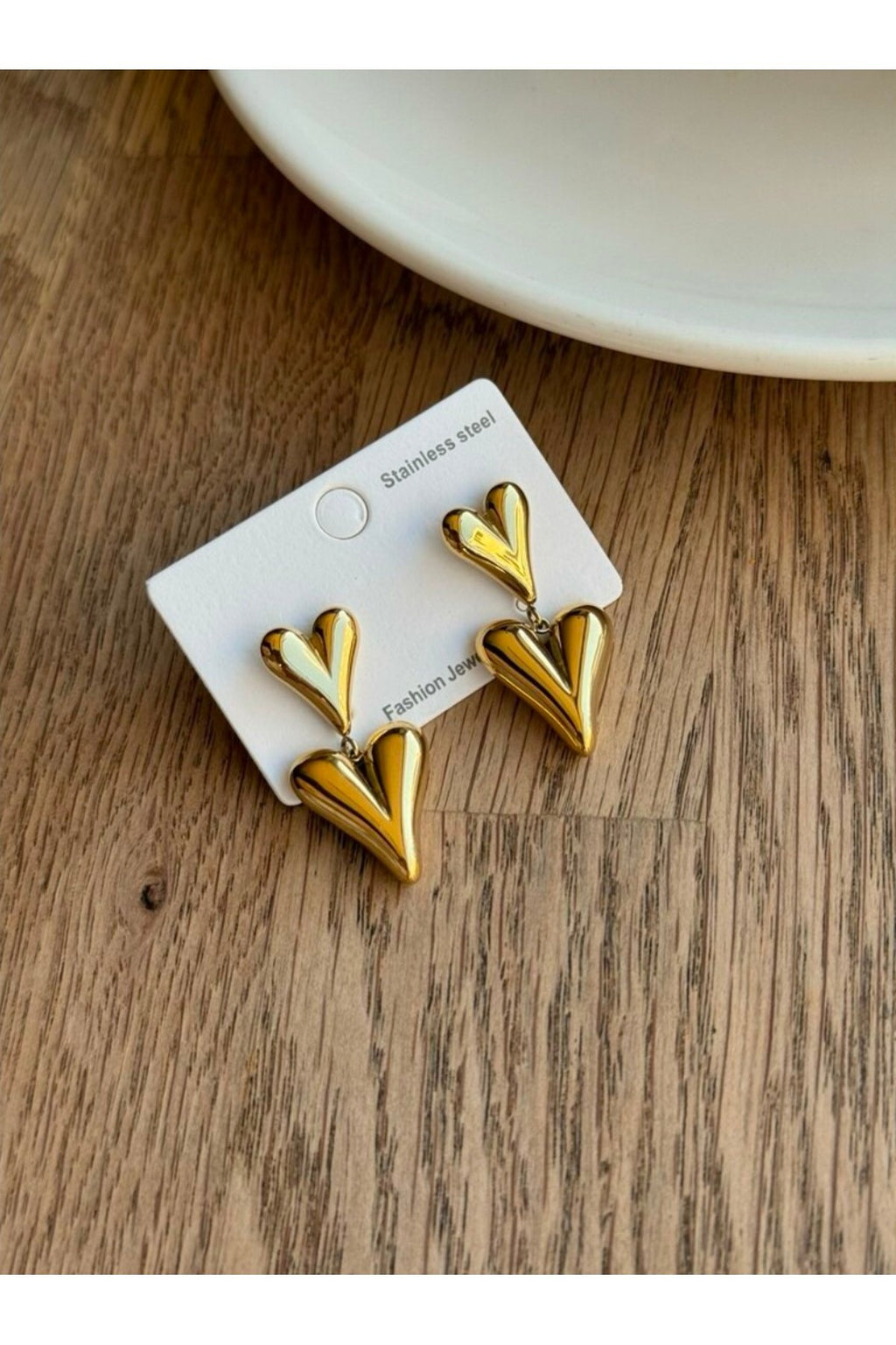 Steel Gold Tone Dangle Double Heart Earrings