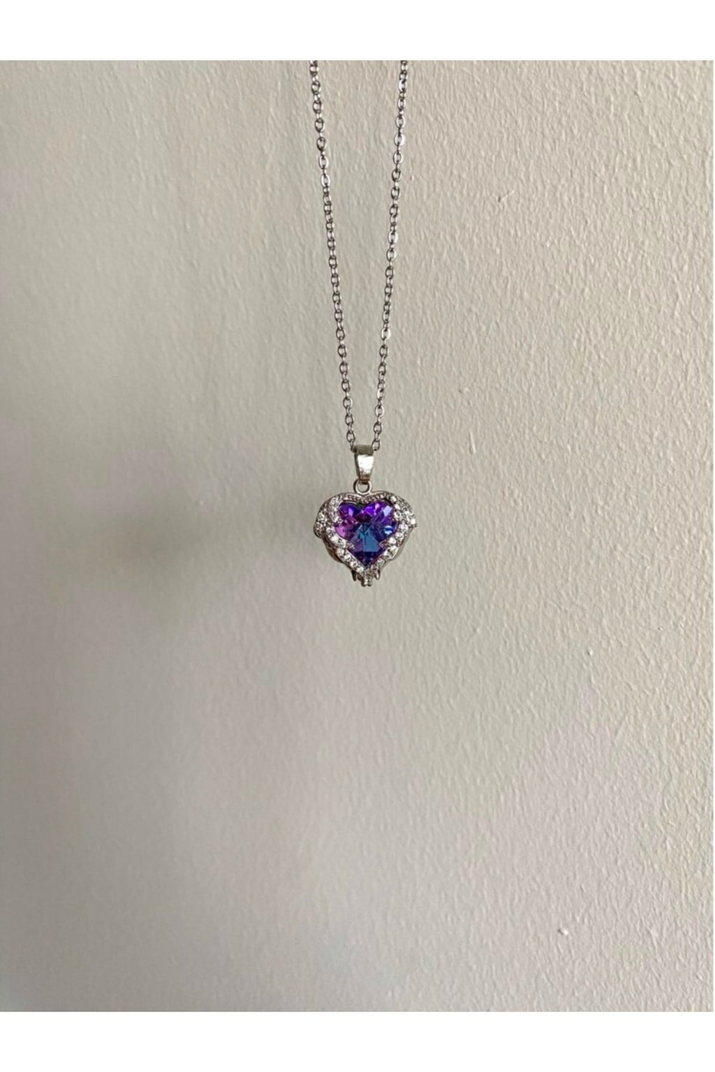 Steel Silver Colored Purple Stone Heart Necklace