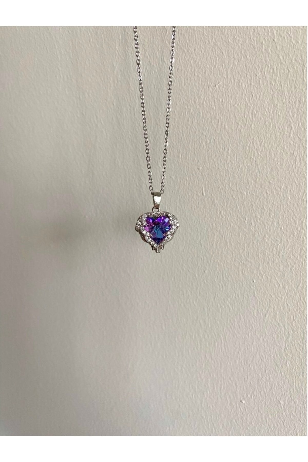 Steel Silver Colored Purple Stone Heart Necklace