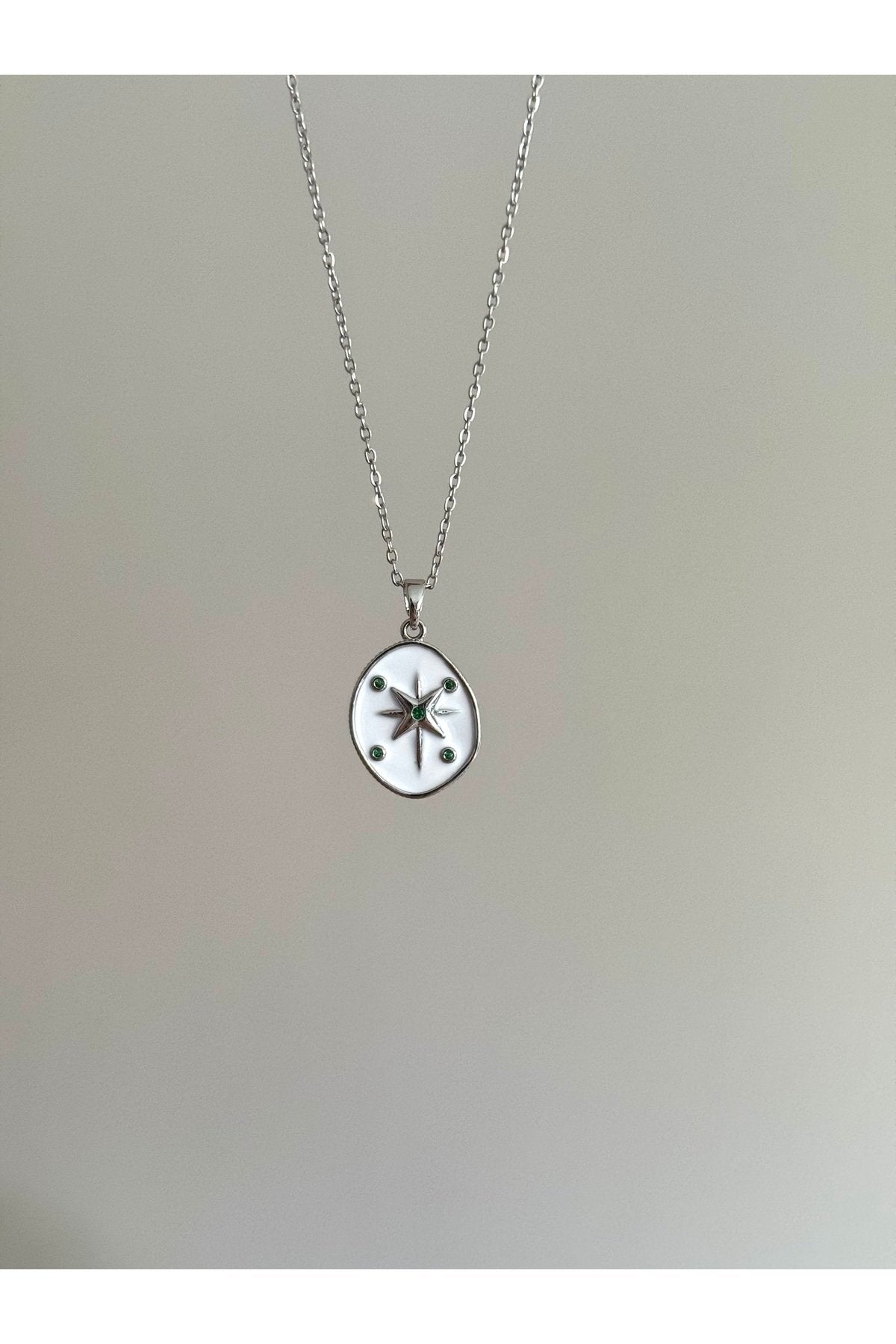 Steel Silver Tone Green Stone Star Necklace