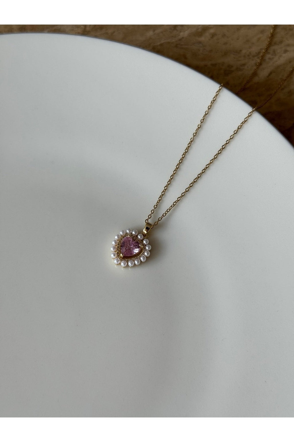 Steel Gold Color Pink Heart Necklace