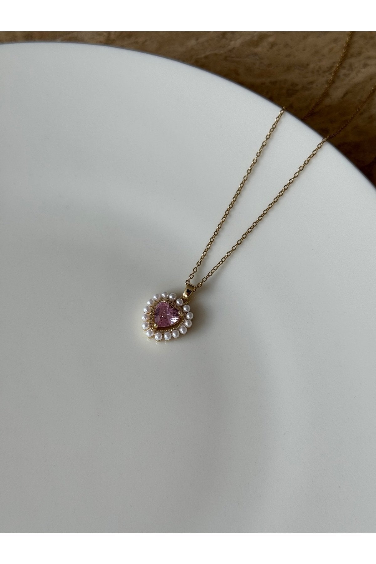 Steel Gold Color Pink Heart Necklace