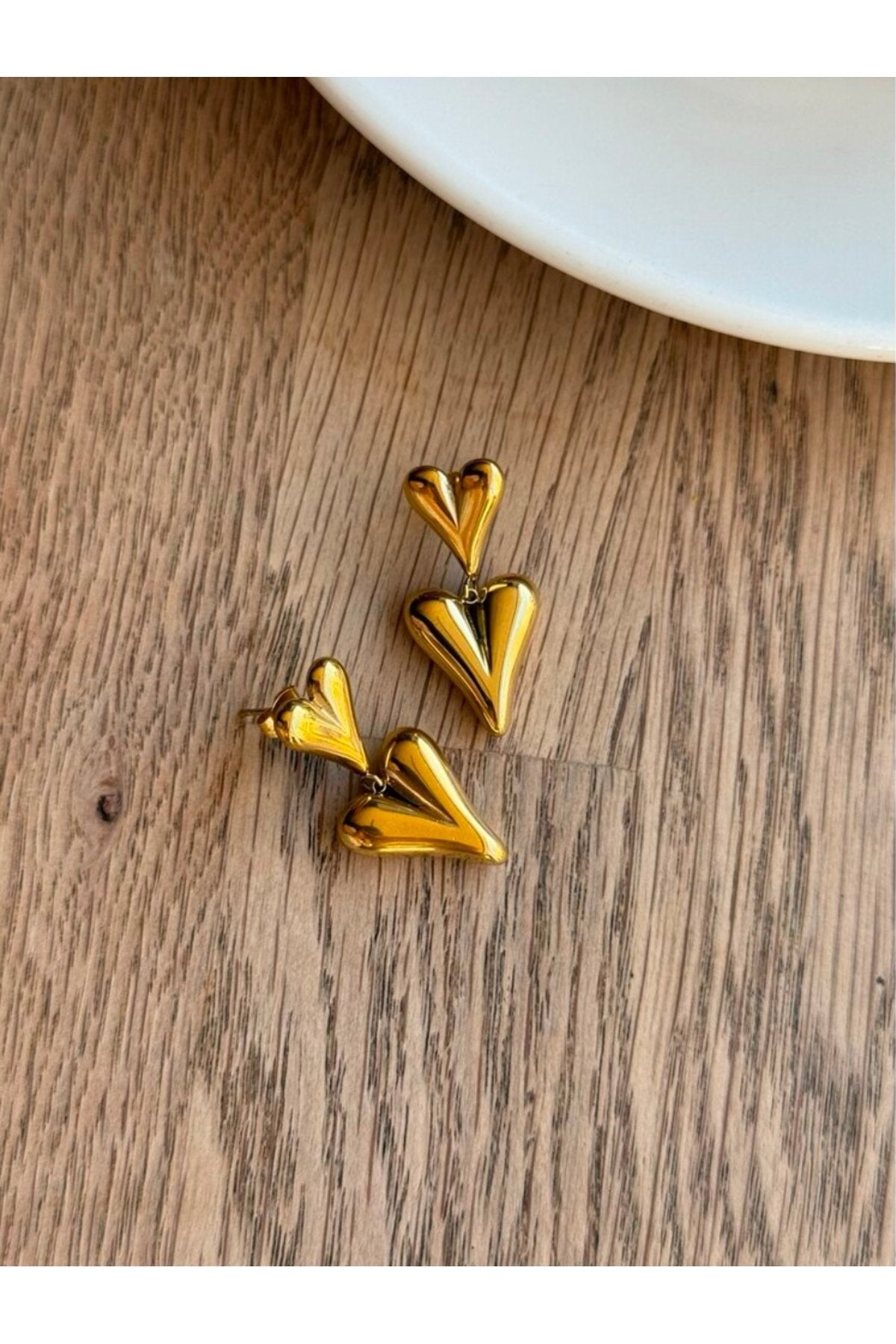 Steel Gold Tone Dangle Double Heart Earrings