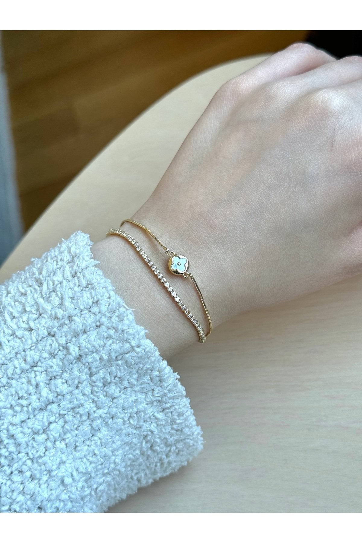 Gold Plated Double Row Tennis and Clover Bracelet