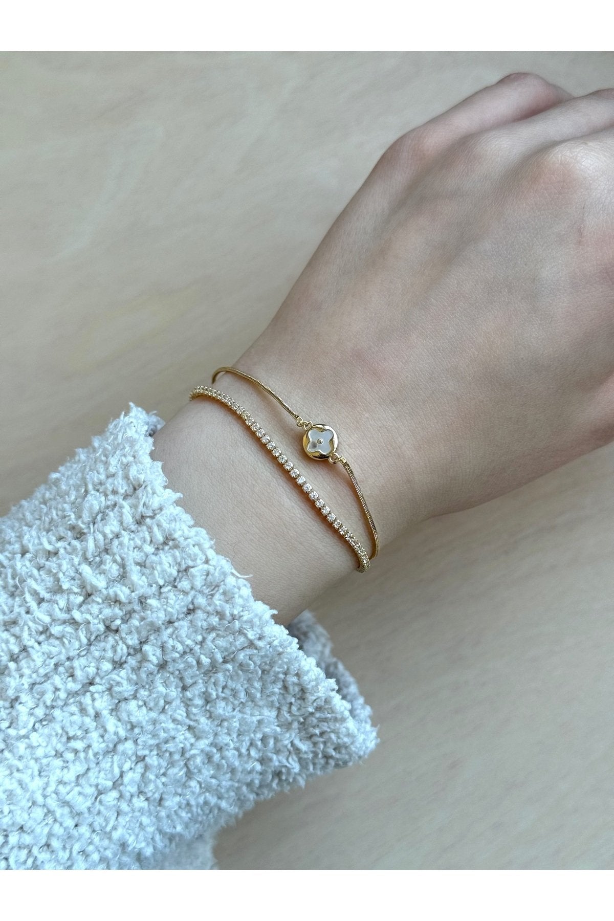 Gold Plated Double Row Tennis and Clover Bracelet