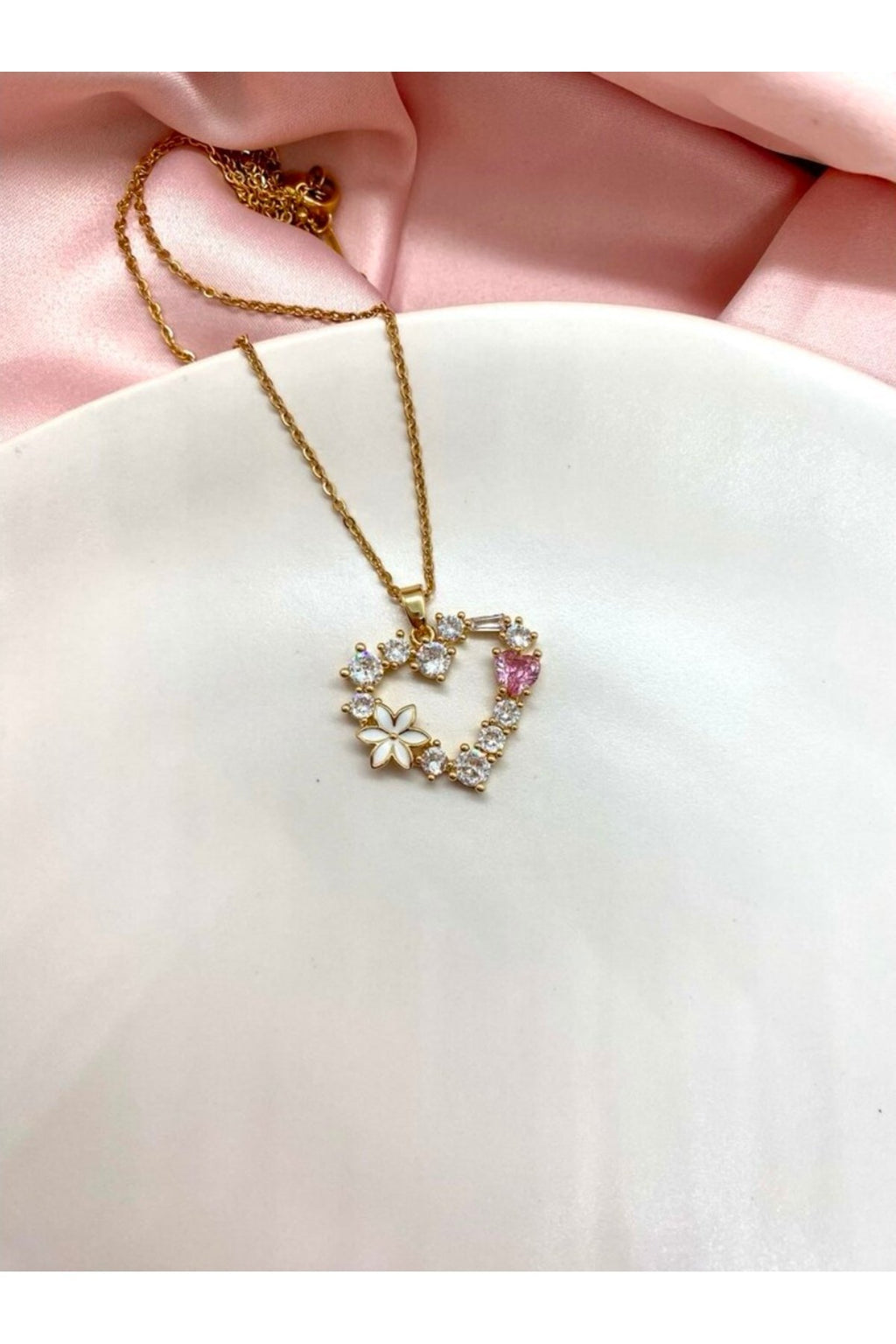 Steel Heart Necklace with Stone-Embellished Flower Motif
