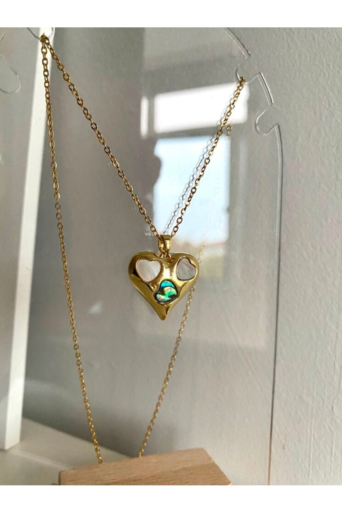 Steel Gold Tone Double-Sided Heart Necklace