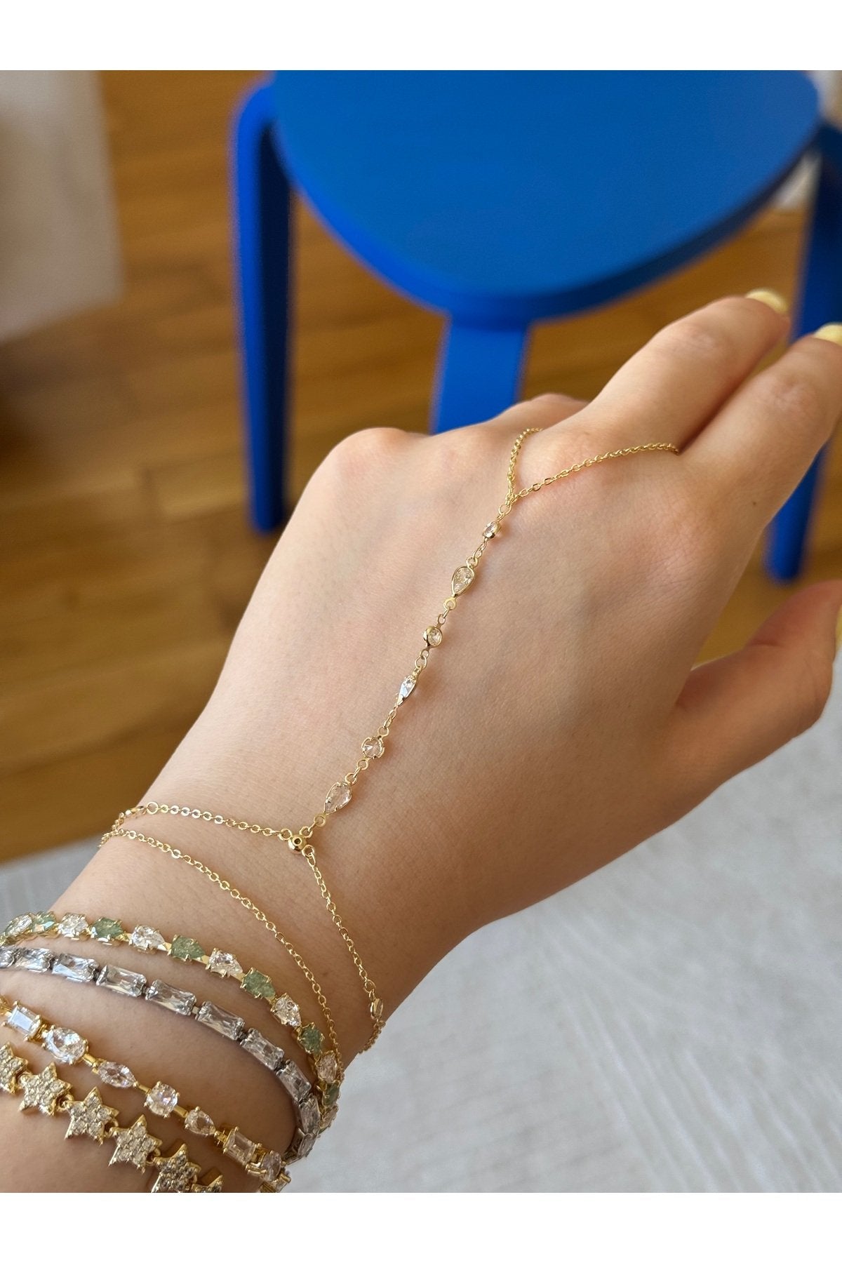 Gold-Colored Jeweled Hand Chain