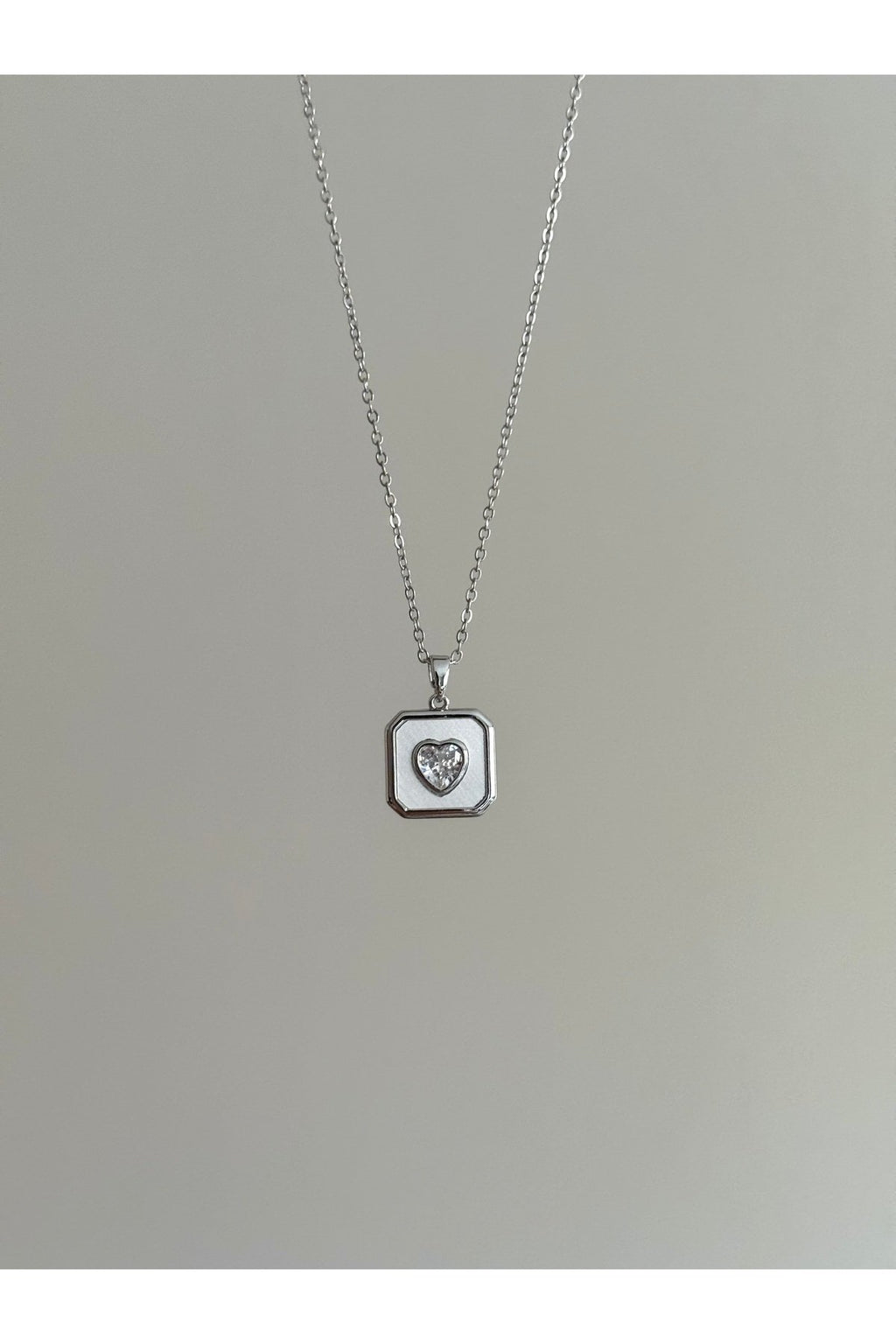 Steel Silver Color Stone-Set Square Medallion Heart Necklace