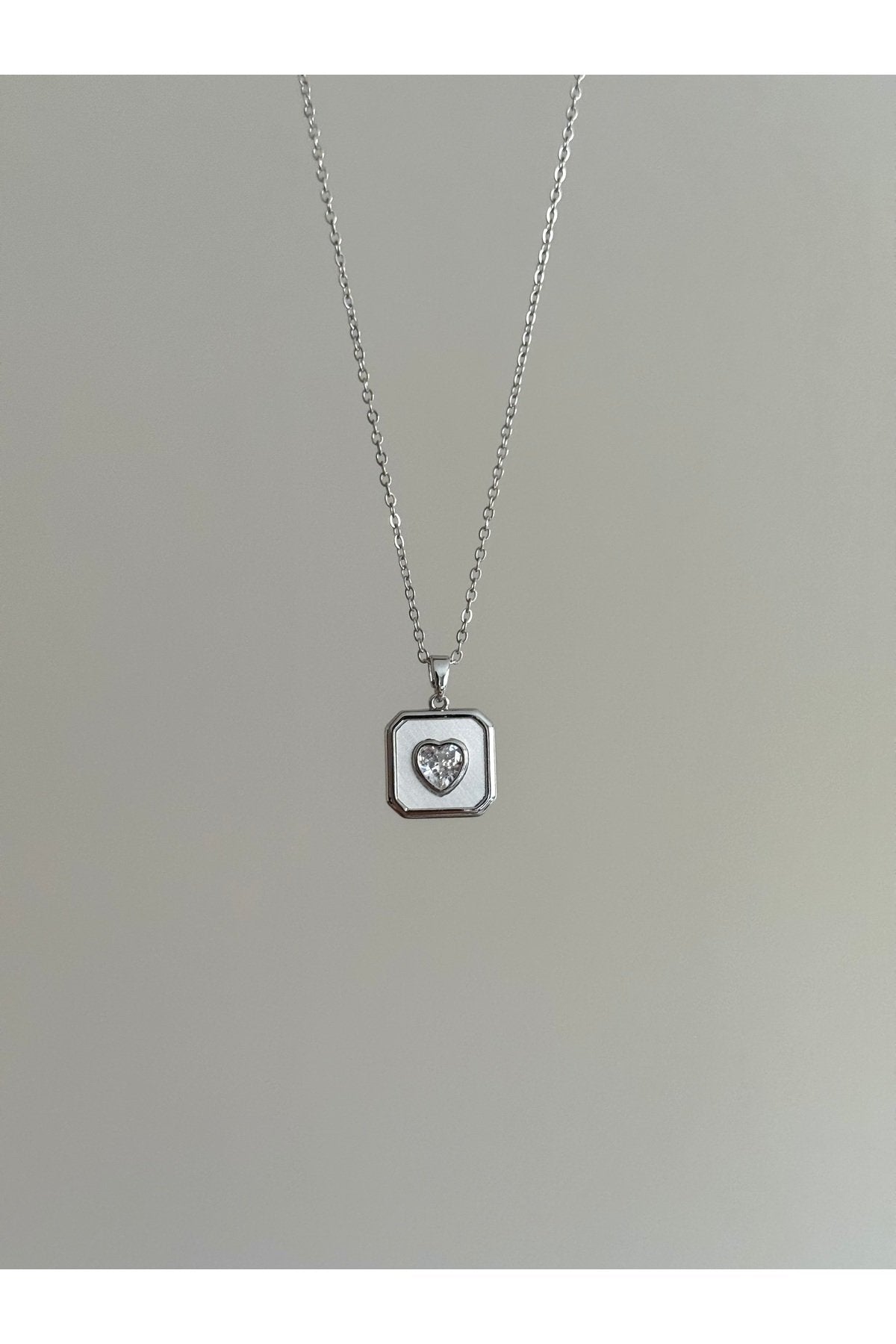 Steel Silver Color Stone-Set Square Medallion Heart Necklace