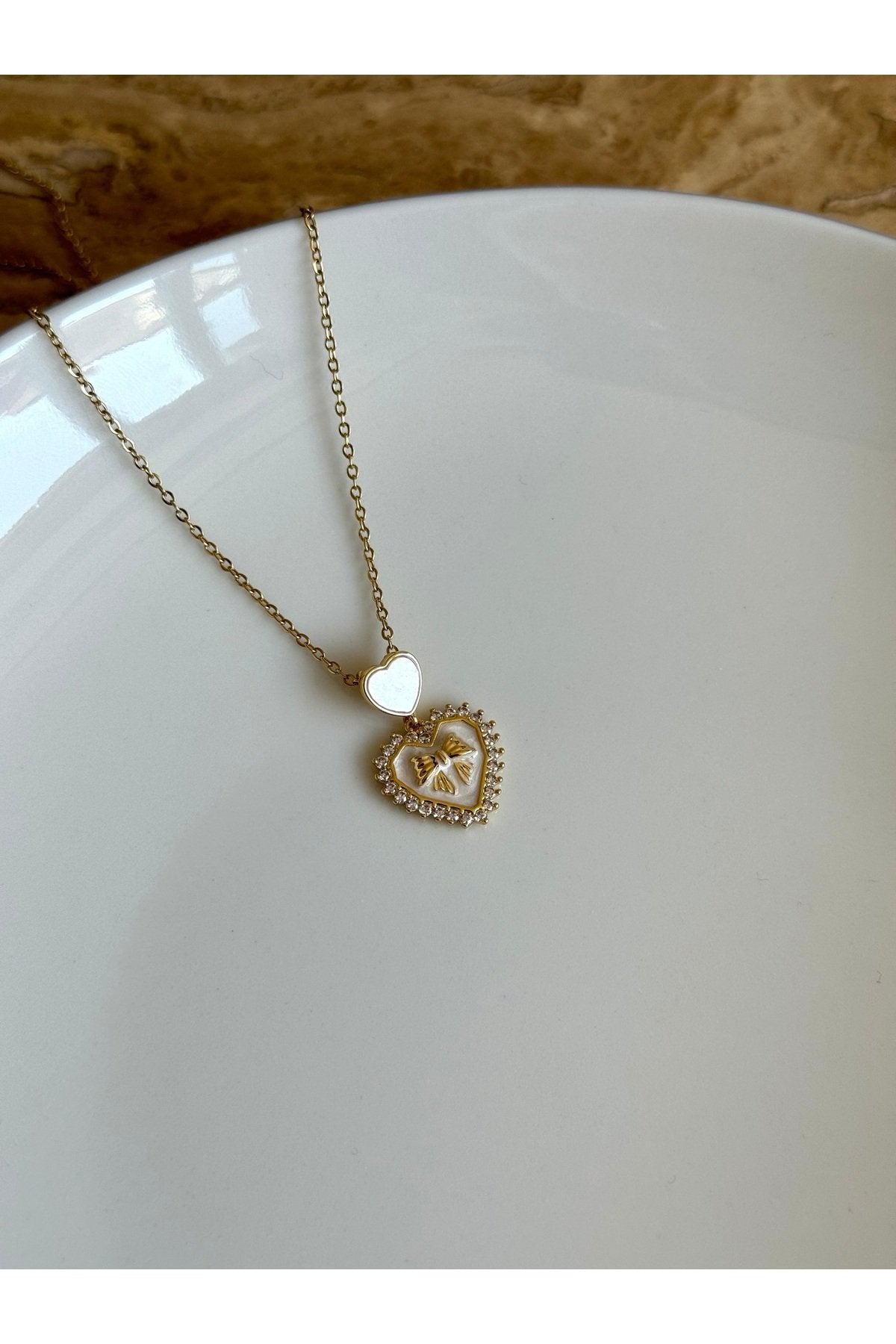 Steel Gold Color Stone Ribbon Heart Necklace