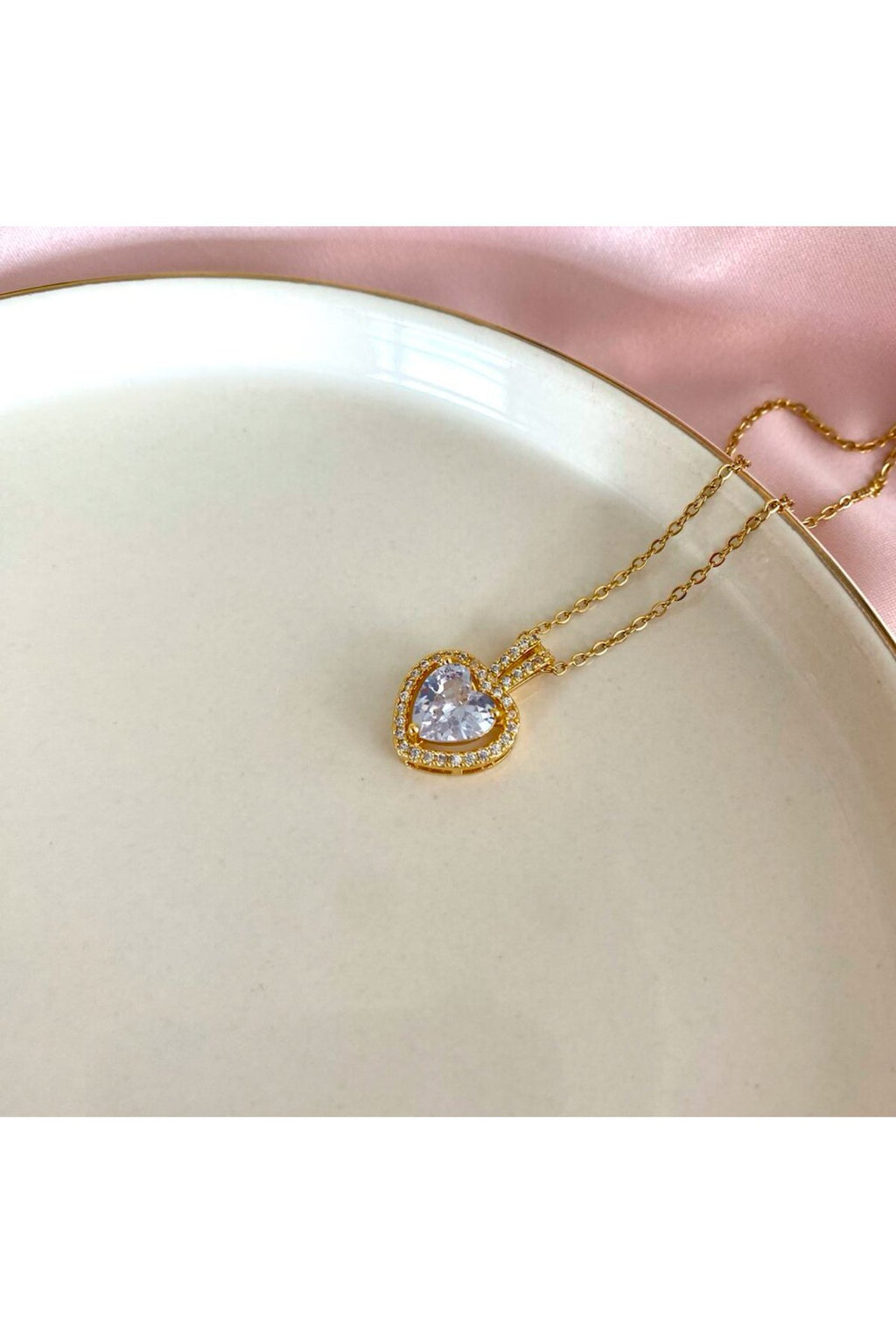 Steel Gold-Tone Heart Necklace with White Stones