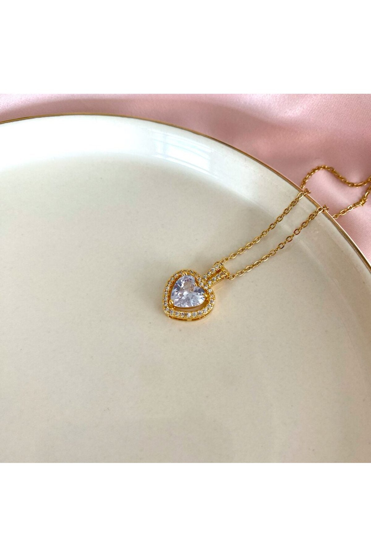 Steel Gold-Tone Heart Necklace with White Stones