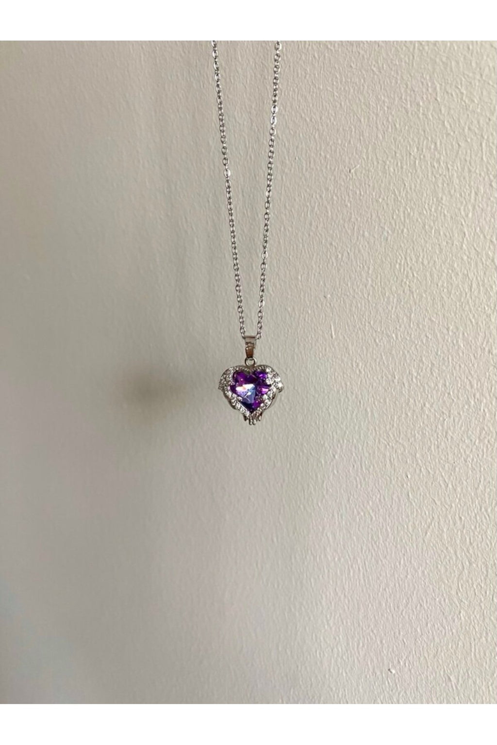 Steel Silver Colored Purple Stone Heart Necklace