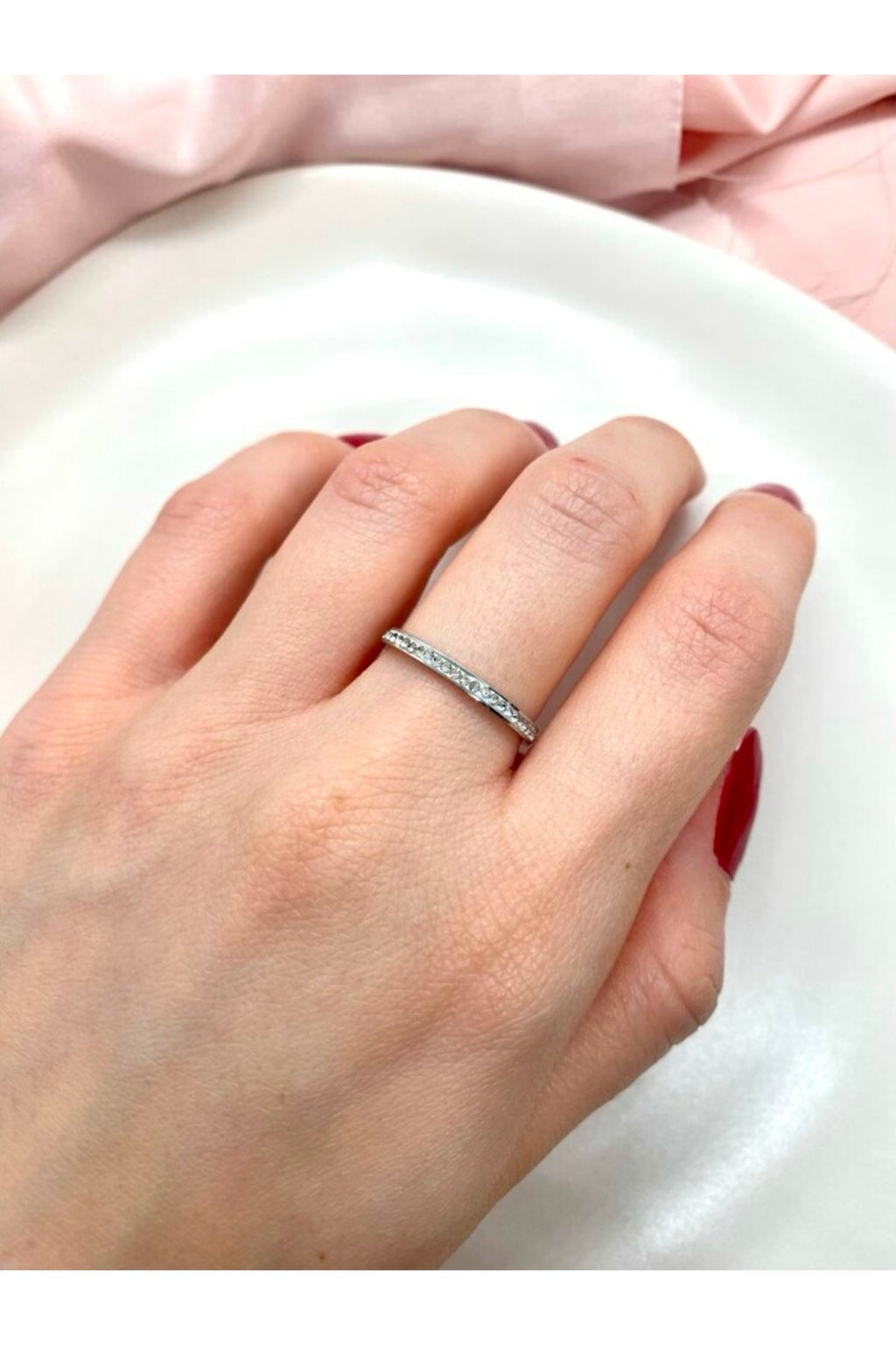 Steel Silver Tone Stone-Embellished Thin Minimalist Ring