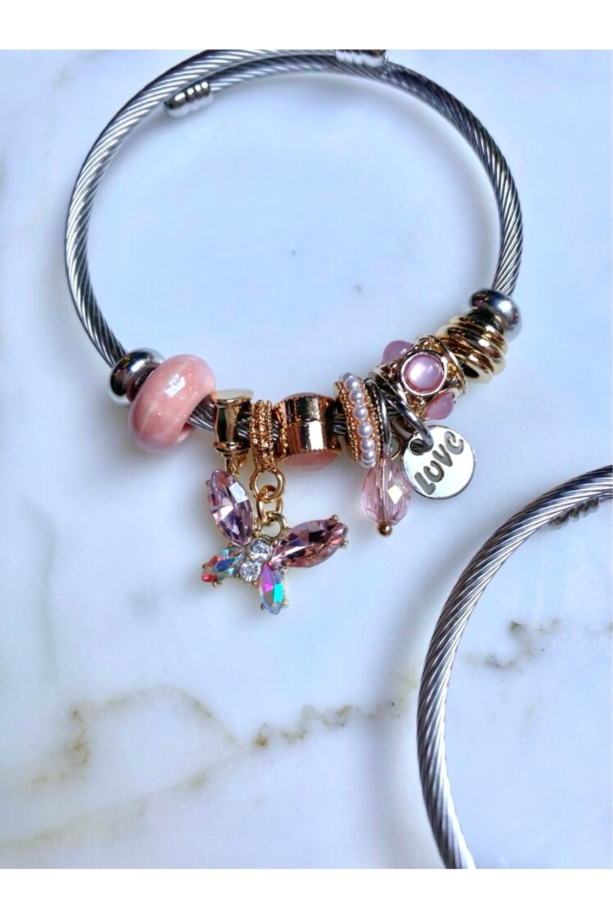 Gümüş Kaplama Pembe Kelebek Charm Bileklik